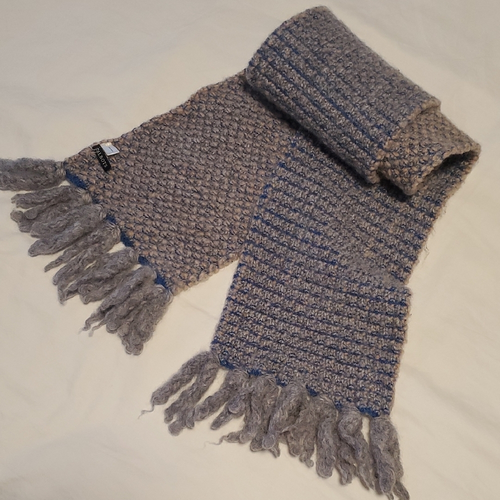 Talbots 100% Wool Scarf, Blue and Beige, Fringe